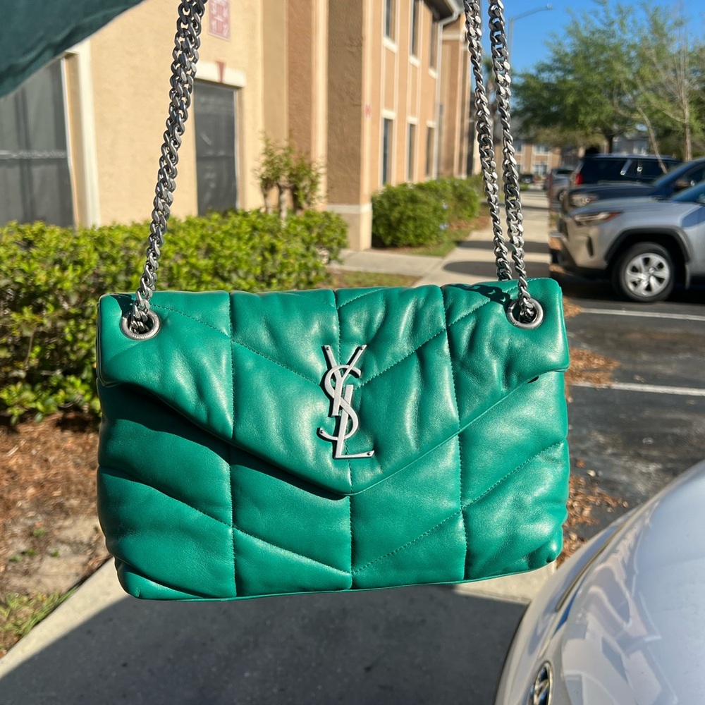 Saint Laurent Lambskin Quilted Loulou Puffer Chain Satchel Green Field Bag - Picture 2 of 8